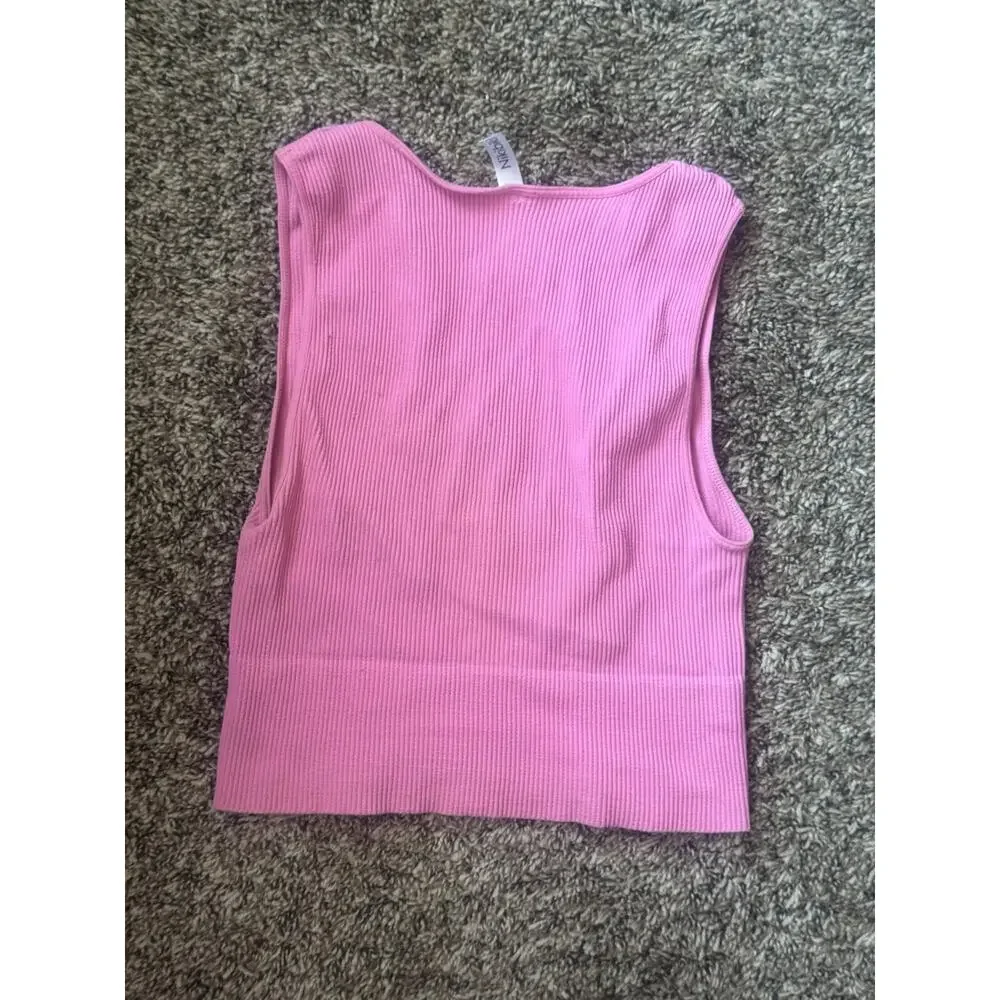 Nikibiki Women’s Pink Ribbed V-Neck Crop Tank Top Sleeveless Stretch